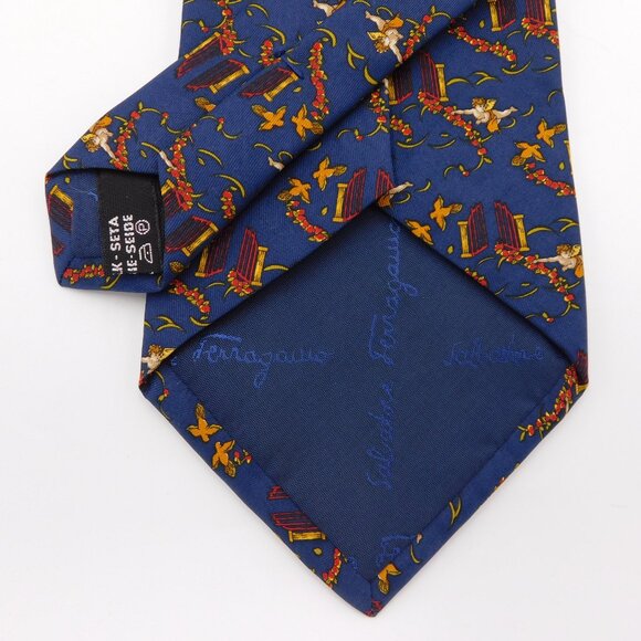 Salvatore Ferragamo Dark Royal Blue Silk Tie | Angels Doves Heaven's Gate | EUC - Picture 4 of 7